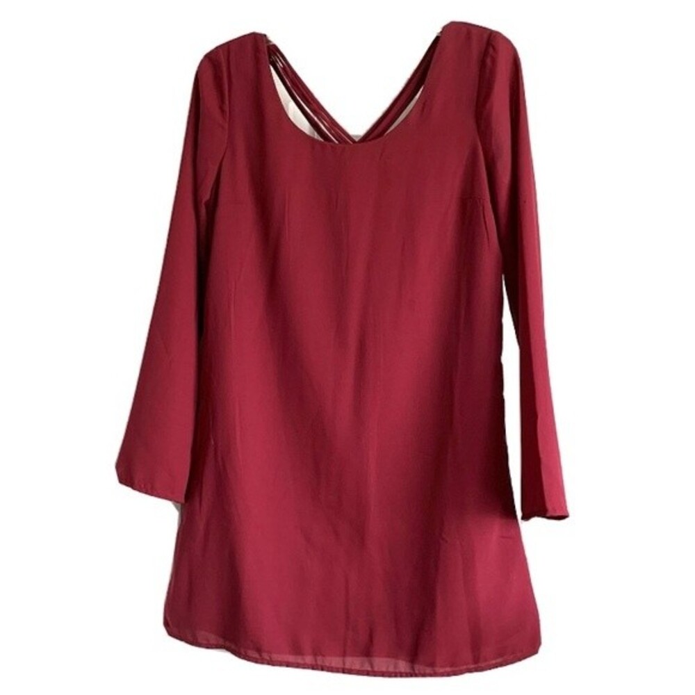 Charlotte Russe Maroon Long Sleeve Shift Dress size Small, Strappy Back
